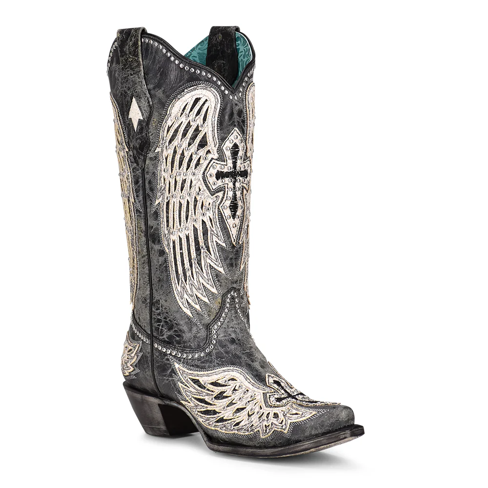 Corral - A4232 - White Cross & Wings Overlay with Studs Cowboy Boot - Image 3